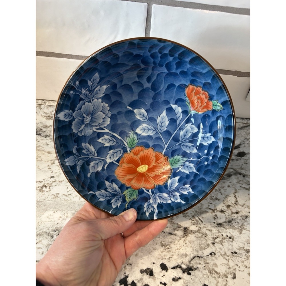Japanese Mino Ware Bowl Ceramic hand, painted blue white floral